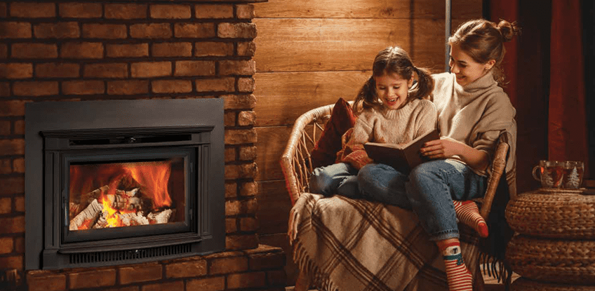family near fireplace