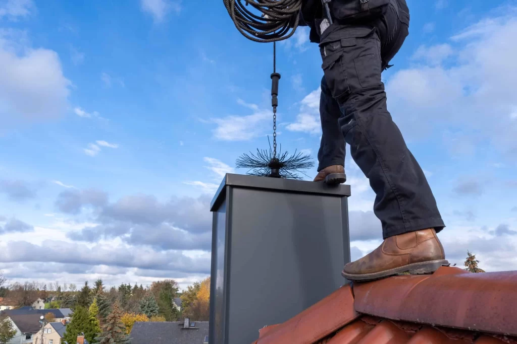 Chimney sweep cleaning a chimney on a residential roof