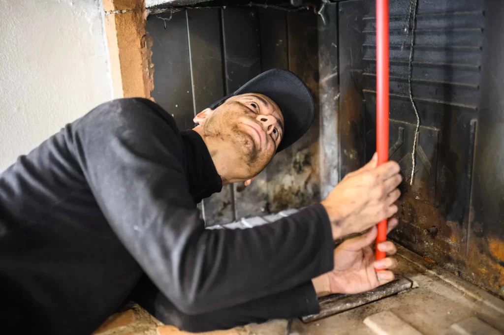 A man repairs a fireplace using a red stick, focused on ensuring it functions properly.