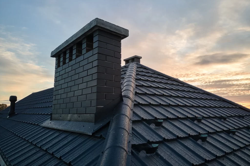 Close-up view of a house roof with dark grey tiles and a brick chimney. The sky is visible in the background, displaying a subtle sunset with soft clouds.
