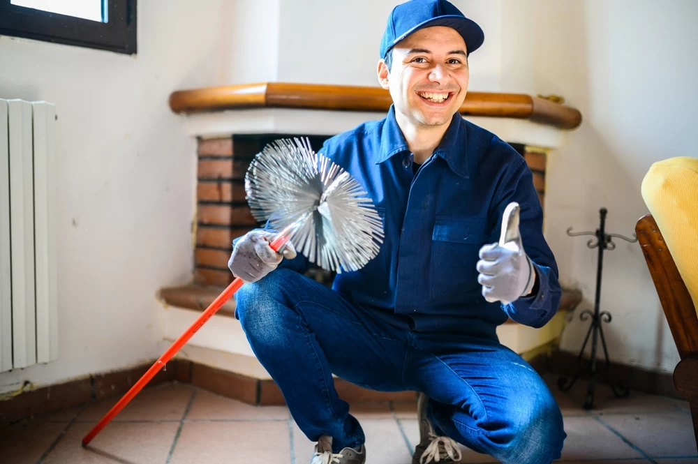 A smiling person in a blue uniform and cap crouches indoors, holding a chimney sweeping brush and giving a thumbs-up. A fireplace is visible in the background.